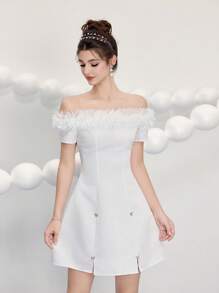 Poshira Vestido mini de mujer con hombros descubiertos y decoración de moño, vestido apropiado para invitada de boda, fiesta de noche y cumpleaños. Vestidos mini elegantes para mujer, vestidos de fiesta, vestidos lindos para mujer, vestido de fiesta para damas, vestidos de cumpleaños para mujer, vestidos de cóctel para mujer, vestido de graduación