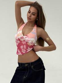 Aloruh Top curto sem mangas com estampa floral feminino, elegante para férias - Multicolorido - Ver 1