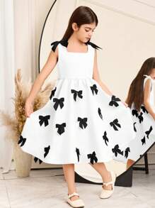 SHEIN Tween Girls Elegant Sleeveless Patchwork Contrast Color Bow Mid-Length Dress, Party Dress - White - View 7