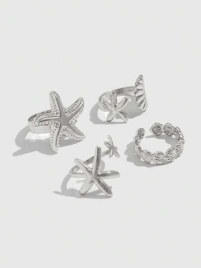 Goth 4pcs Fashionable Ocean-Themed Rings, Glossy Starfish & Shell Geometric Metal Rings, Golden Open Cocktail Rings, Gifts For Women/Daughters/Wives