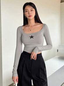 DAZY Star Print Scoop Neck Crop Tee Y2k Festival