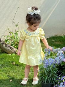 LMoss Kids Đầm đi nghỉ in hoa dễ thương cho bé gái mùa hè - Màu vàng - Xem 4