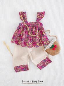 Cozy Pixies 2 件装女婴传统图案方领盖袖上衣和松紧腰喇叭裤套装 - 彩色 - 查看 1