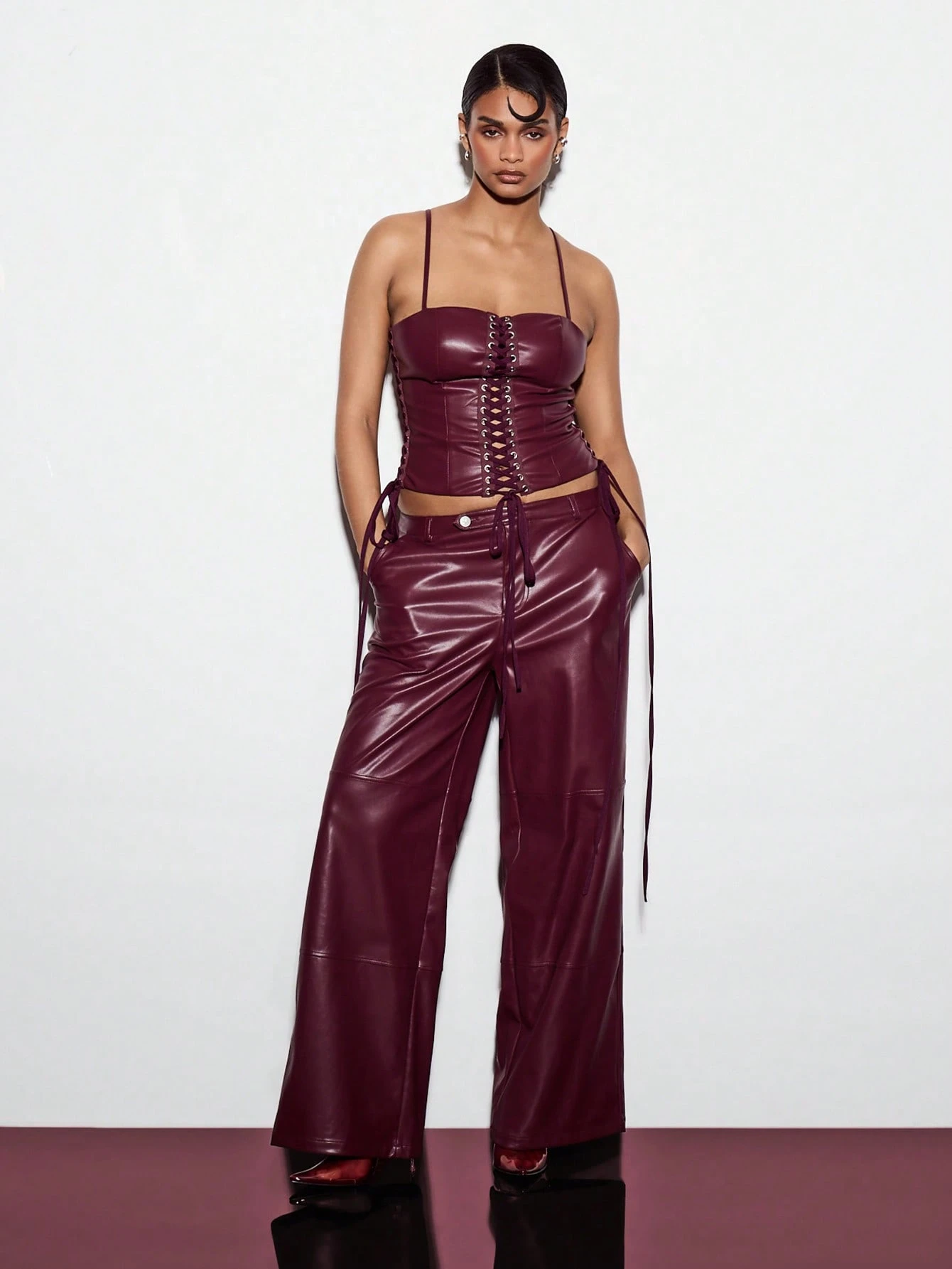 KIZN Faux Leather Lace Up Corset Top