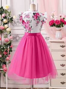 SHEIN Roze jurk met bloemenprint, fladdermouwen en riem voor meisjes (tween)