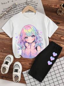 Sparklyn 2pcs/Set Tween Girls Anime Character Graphic T-Shirt And Heart Print Snug Fit Shorts Y2K Outfit - White - View 1