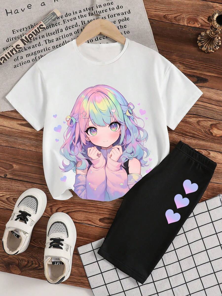 Sparklyn 2pcs/Set Tween Girls Anime Character Graphic T-Shirt And Heart Print Snug Fit Shorts Y2K Outfit - White - View 1