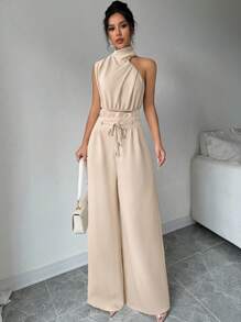 Firerie 2 件套女士米色优雅通勤翻领上衣和阔腿裤套装，轻盈舒适裤子套装，不对称无袖上衣套装，适合春季、夏季、秋季、通勤/优雅/度假/简约/休闲/教师节装扮 - 杏色 - 查看 4