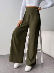 Firerie Quần ống rộng họa tiết cạp cao thời trang giản dị tối giản cho nữ khi đi làm trở lại trường - xanh quân đội - Xem 6