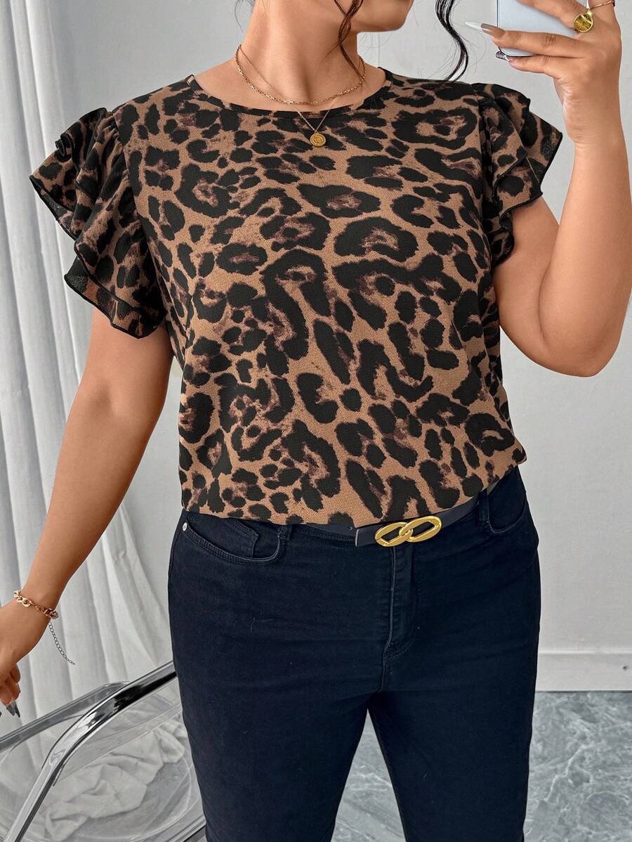 SHEIN Clasi 大码豹纹荷叶边下摆豹纹衬衫、女式衬衫和衬衫、女式工作衬衫、豹纹上衣、女士度假装、女士夏季装、女士商务休闲装、女士外出上衣、女士办公装、女士春季装、节日 - 棕色 - 查看 1