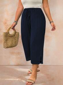 EMERY ROSE Plus Size Women Solid Color Waist Tie Side Slit Casual 3/4 Length Pants