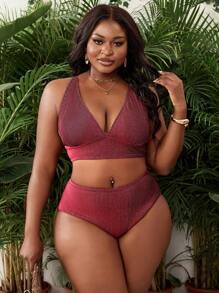 SHEIN Swim Curve Set de 2 piezas de traje de baño de tela especial con diseño de escote en V profundo, cordones a los lados y triángulo, elegante y casual para playa y resort, talla grande para mujer