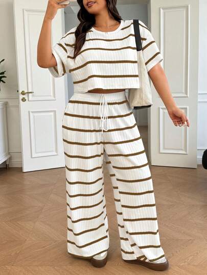 Solflare Plus Size Summer Stripe T-Shirt And Pants 2 Pieces Set 2 Piece Sets Woman