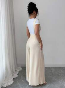 女士褶皱吊带简约通勤裤 - 杏色 - 查看 2