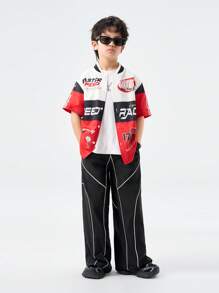 SHEIN Tween Boys 春夏撞色绑带抽绳口袋宽松休闲运动裤，长款街头时尚超大拼色运动裤