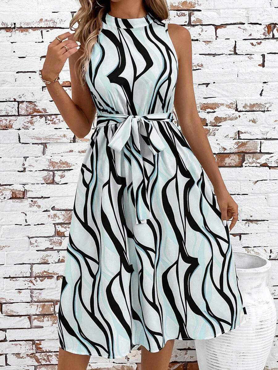 SHEIN Clasi 艺术樱花印花中长连衣裙，夏季 - 淺藍色 - 查看 1