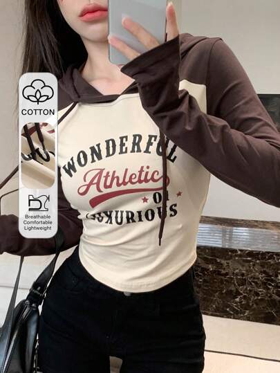 DAZY 字母图案拼色短款连帽 T 恤，秋季服装长袖女式上衣