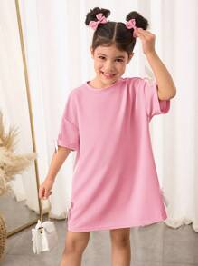 SHEIN Kleine Mädchen & niedliches Kleid im lockeren Rundhalskragen-Strickstil, Einfarbig lässiges Kleid