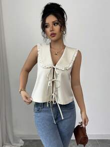 Chiquease 女士蝴蝶结领无袖优雅衬衫 - 卡其色 - 查看 3