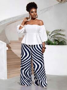 Slaydiva 2025 Noua tinuta Rave/Paste Plus Size Femei/Stil Bani Vechi Plus Size Femei/Tinuta Concert Country/Tinute Going Out/Fairycore/Tinute Festival/Vacanta Tropicala Imbracaminte Plus Size Femei Tinute Vara Pentru Femei Plus Size/Vara/Rave/Vara Europeana/Tinute Primavara/Tinuta Western Wear Plus Size/Graduare Casual Set de 2 bucăți cu mâneci bufante, alb, romantic, elegant și pantaloni cu dungi geometrice abstracte