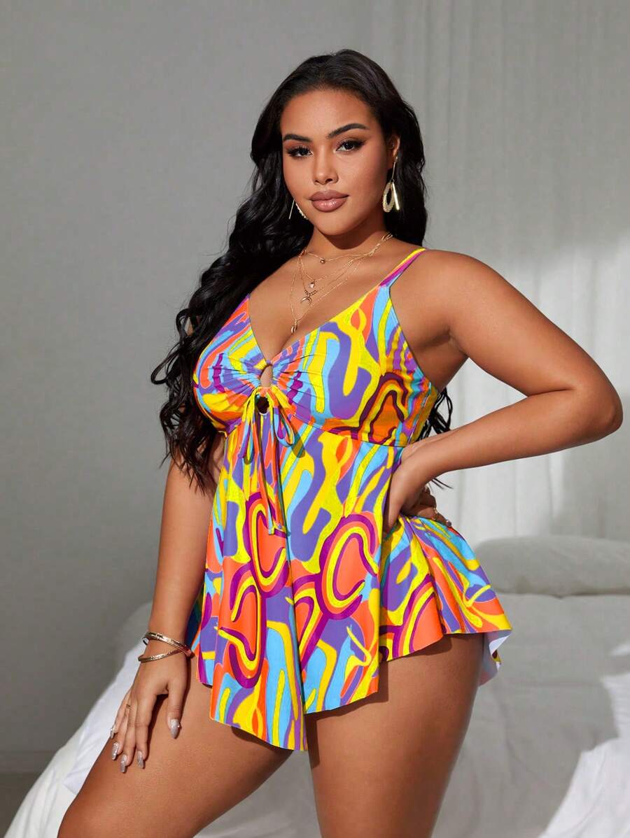 Swim Lushoire Plus Size Beach Holiday Allover Print Camisole Swimdress With Bottom Attached For Summer Beach Vacation