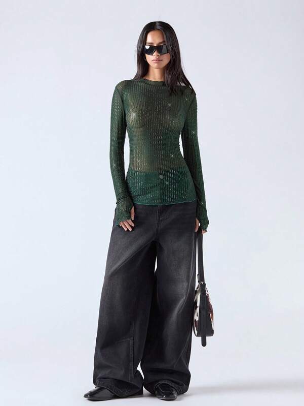 LYSMO Green Rhinestone-Embellished Women's Top