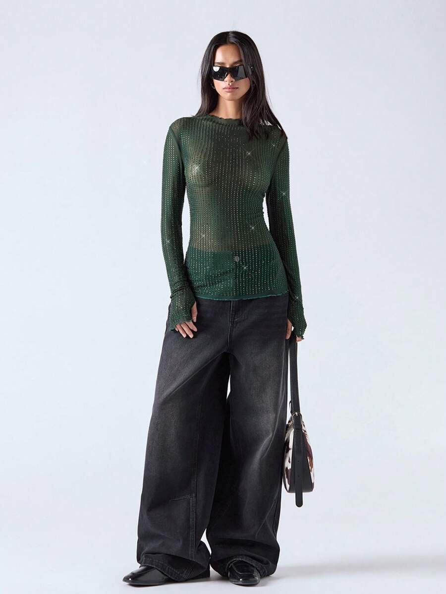 LYSMO Green Rhinestone-Embellished Women's Top - Dark Green - View 1