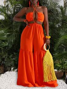 Slaydiva Women's Tied Halter Neck Loose Jumpsuits Striped Palazzo Pants, For Summer Vacation