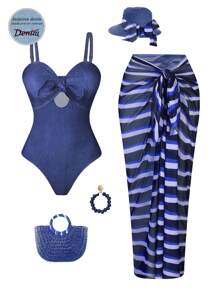 Swim Oasis Costume da bagno da donna taglie forti di alta qualità, 2 pezzi: Top con bustier e fiocco, abbinato a una lunga gonna a fantasia a righe, per vacanze in spiaggia, estate