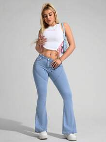 SHEIN EZwear Women's Casual Washed Low Waist Slim Flared Jeans - Light Wash - View 1