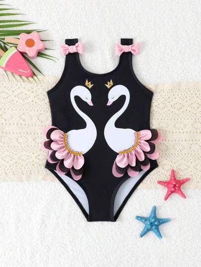 SHEIN Young Girl's Flamingo & Stripe Print One-Piece Swimsuit, Cute Bow Strap Design, Summer Beach Summer Holiday