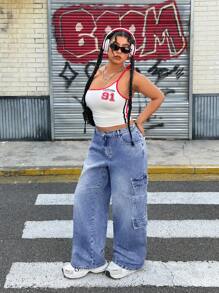 SHEIN ICON Plus Size Front Button Plain Casual Washed Cargo Boyfriend Jeans With Multiple Pockets - Medium Wash - View 6