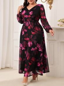 Modelyn Robe longue de soirée à manches longues imprimé floral avec col en V et enveloppée, pour grandes tailles - Multicolore - Voir 3