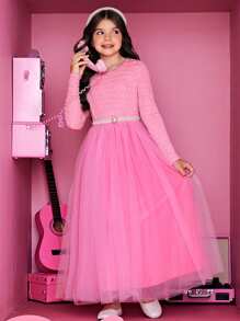 SHEIN Leap Crew Tween Girl Contrast Mesh Hem Dress Without Belt - Pink - View 6