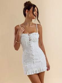 SHEIN BAE White Hollow Out Floral Tie Front Sleeveless Dress, Sweet & Sexy Casual Fit And Flare Sundress, Suitable For Dates, Vacation, Party, Wedding, Prom, Graduation, Daily Wear
