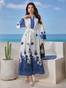 Seusyu Women's Elegant Bi-Color Floral Print Long Dress - Multicolor - View 3