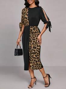 SHEIN Unity Đầm dài vừa phải cổ tròn họa tiết da báo đính ngọc trai đen thanh lịch dành cho nữ - màu đen - Xem 6