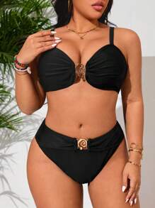 SHEIN Swim Curve Plus Size Women Solid Color Casual Vacation Style Tankini Swimwear Set