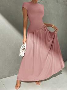 Firerie Elegant Everyday Wear Unconventional Solid Color Short Sleeve Slim Fit Standing Collar Asymmetric A-Line Waist Dress - Pink - View 5