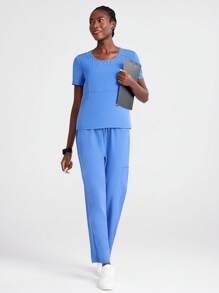 TaskEZ Women's Beaded Round Neck Short Sleeve Top And Pants Nursing Scrub Uniform Set - Blue - View 6