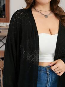 SHEIN Essnce Plus Size Women's Spring And Summer Fashion Casual Loose Comfortable Daily Black All-Match Hollow Sweater Thin Cardigan Sun Protection Jacket,Office Outfits For Women,Church Clothes Women,Summer Tops Women,Beach Outfits For Woman,Summer Coats,Minimalist In Fall/Winter - Black - View 1