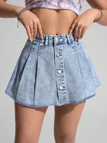 SHEIN PETITE Women Casual Denim Pleated Skirt - Light Wash - View 3