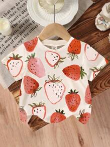 Baby Girl Simple Round Neck Short Sleeve Strawberry Print T-Shirt Top, Fashionable - Multicolor - View 6