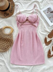 Soleia Bohemian Pink Gold Summer 70s Party Vacation Holiday Beaded Cut-Out Spaghetti Strap Woven Sun Dress For Women,Boho Floral Rave Outfits,Sun - Pink - View 7