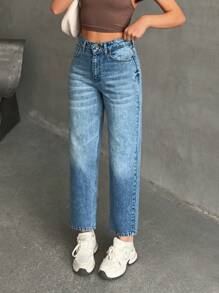 EURMUSE Jeans casual cintura alta com lavagem de neve e ajuste da mãe - Lavagem Média - Ver 6