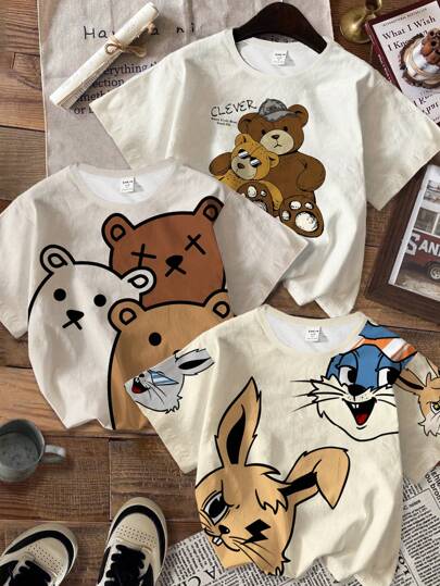 SHEIN 3件套年轻男孩休闲柔软针织短袖T恤，适合夏季