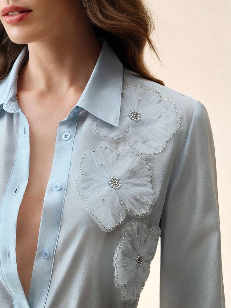 Elegant & Delicate Blue Tencel 3D Floral Loose Fit Women's Blouse, Suitable For Spring To Summer