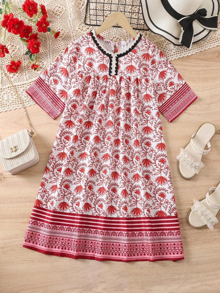 SHEIN Tween Girls Floral Loose Short Sleeve Dress, Suitable For Summer Vacation And Beach Wear - Red - View 1
