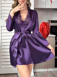 SilkySpell 女士蕾丝拼接仿丝绸吊带睡裙和腰带睡袍套装，秋冬服装 - 紫色 - 查看 4