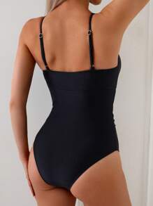 SHEIN Swim 1pc Women Plain Front Tie Ruched One-Piece Sexy Swimsuit For Summer Beach Vacation